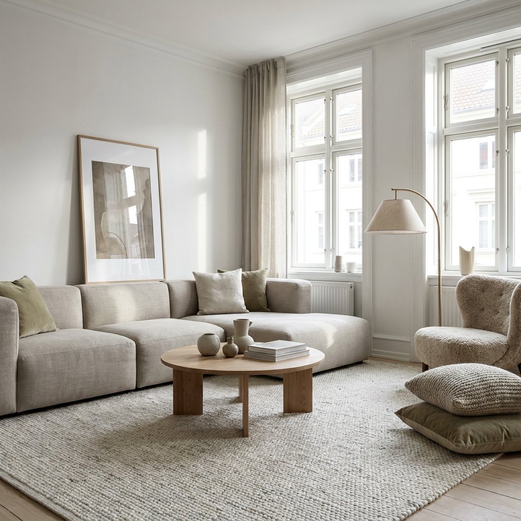 Rustige woonkamer met lichte modulaire bank, vloerkleed, salontafel en kunst aan de muur als focuspunt, warm daglicht en Scandinavische sfeer. Rustige woonkamer met lichte modulaire bank, vloerkleed, salontafel en kunst aan de muur als focuspunt, warm daglicht en Scandinavische sfeer.